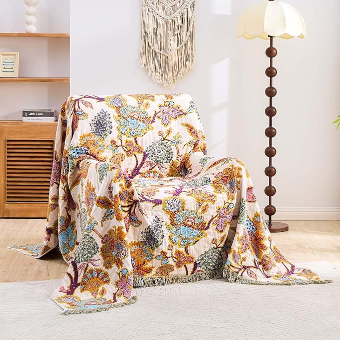 Boho Throw Blanket for Bed, 100% Cotton Soft Rustic Quilt Fall Blanket, 50"x60" Floral Printed Farmhouse Decor Bed Blankets, All Season Rustic Reversible Bohemian Throw Quilt