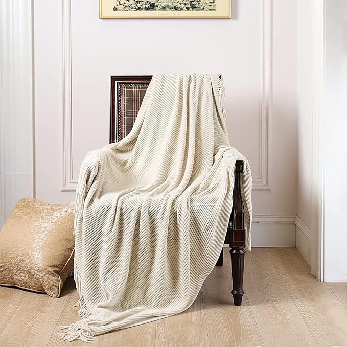 lifein Throw Blanket for Couch, Soft Boho Decor Bed Throw,Cozy White Chenille Knitted Small Farmhouse Lightweight Throw for Spring(White/Cream,60 * 80")