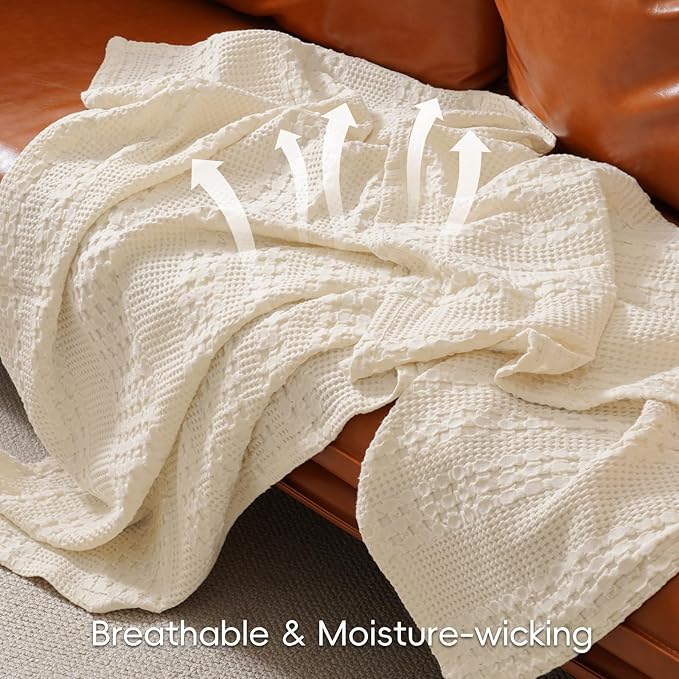PHF 100% Cotton Waffle Weave Blanket Twin Size, Soft Lightweight Breathable Cozy Summer Blankets for Bed, Luxury Aesthetic Woven Bedding for Home Decor, 66"x90", Undyed