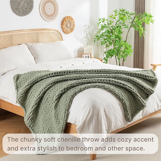 Chunky Knit Blanket Throw, 100% Hand Knit Throw Blanket Handmade Chenille Cable Knit Throw for Couch, Stylish Cozy Soft Rope Knot Crochet Blanket for Home Decor, Sage Green, 50x60 Inches