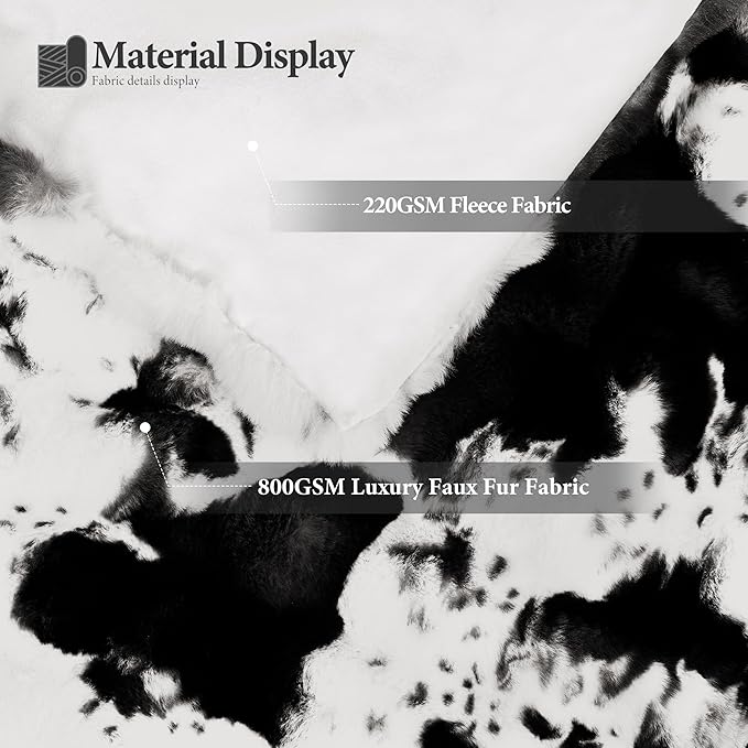 Touchat Cow Print Blanket for Couch, Faux Fur Throw Blanket, Super Heavy Warm Cozy Blankets for Bed Sofa, Bubble Plush Fuzzy Soft Mink Blanket for Living Room Bedroom, Cow Black