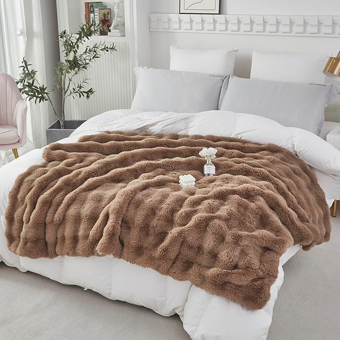 RYNGHIPY Faux Rabbit Fur Throw Blanket Ruched Plush Fuzzy Blanket for Couch Bed Sofa Heavy Warm Comfy Throws for Living Room Bedroom Machine Washable (Solid Brown, 51''x63'')