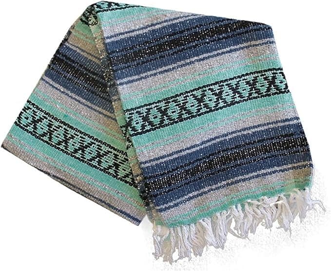 Del Mex Classic Mexican Blanket, Large Authentic Woven Falsa Throw (70"x50"), Artisan Southwest Décor for Beach, Yoga, Outdoors (Navy/Mint)