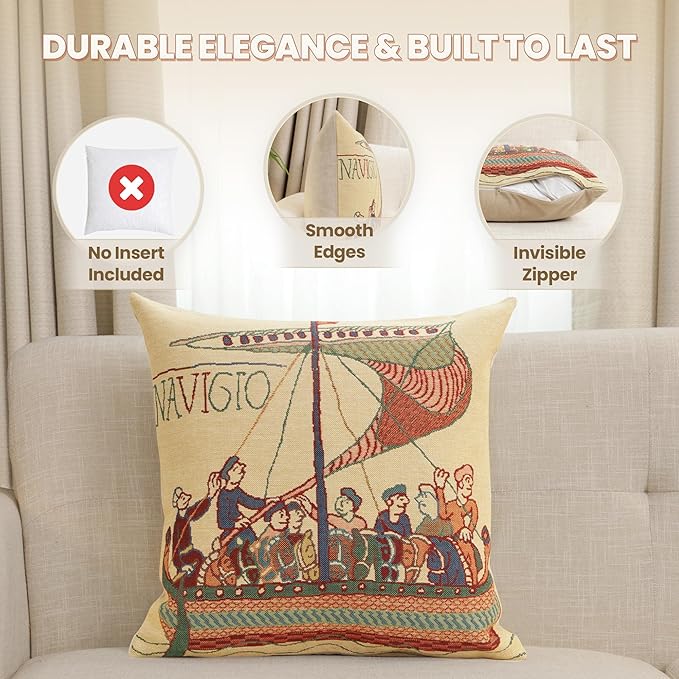 Charlotte Home Furnishings Bayeux Navigo Throw Pillow Cover 16" x 16" – Medieval Ship Decorative Tapestry Cushion Case for Sofa, Couch, & Bed | Cotton Jacquard Woven in Europe | Insert Not Included
