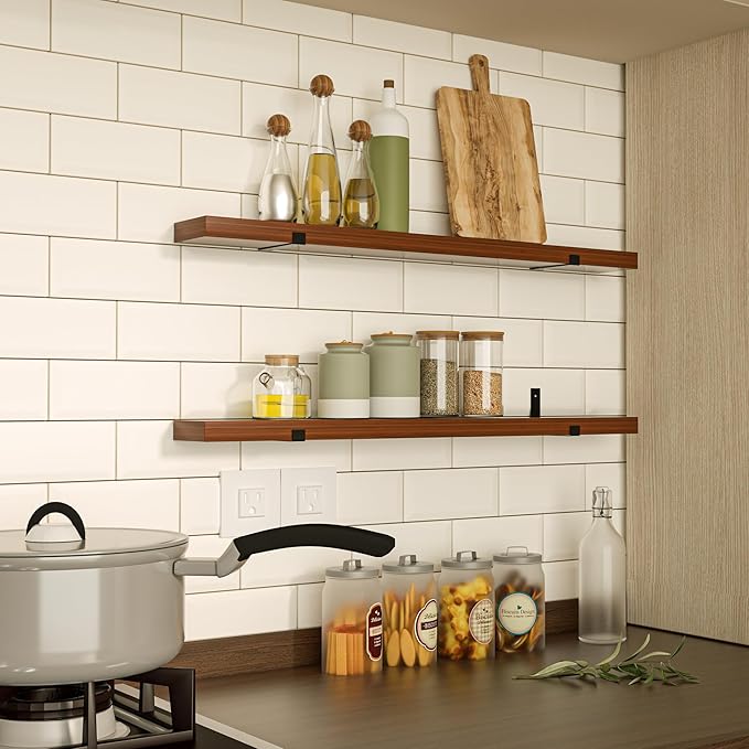CONSDAN Floating Shelves for Wall Mounted Book Shelf Hanging Shelves Floating Bookshelf for Bedroom, Bathroom, Living Room, Kitchen USA Grown Solid Hardwood, Dark Maple 24x7.5x1.5 in (Set of 3)
