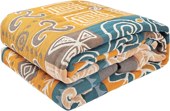 Boho Throw Blanket for Bed - 100% Pure Cotton Ultra Soft Rustic Quilt - Farmhouse Decor Bed Blankets, All Season Rustic Throw for Sofa Couch Chair(91''x 98'', Art Squares)