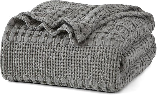 PHF 100% Cotton Waffle Weave Blanket Queen Size, Soft Lightweight Breathable Cozy Summer Blankets for Bed, Luxury Aesthetic Woven Bedding for Home Decor, 90"x90", Dark Grey