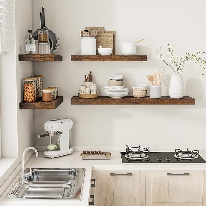 12" Deep Floating Shelves for Wall 24 Inches Long, Heavy Duty Wall Shelves for Bedroom Bathroom Kitchen Laundry Room, Farmhouse Rustic Shelves for Home Decor, 24" X 12" X 2" Set Of 2, Rustic Brown