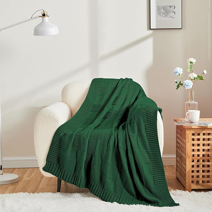 CozeCube Knit Throw Blanket, Green Checkered Throw for Couch, Soft Cozy Warm Knitted Blanket for Bed Sofa Living Room, 60"X80", Forest Green