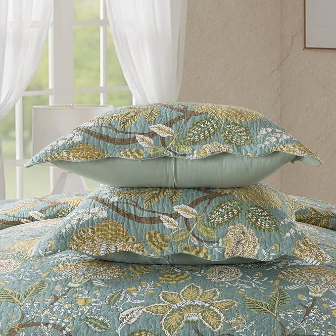 NEWLAKE Cotton Bedspread Quilt Sets-Reversible Patchwork Coverlet Set, Green Floral Pattern, King Size