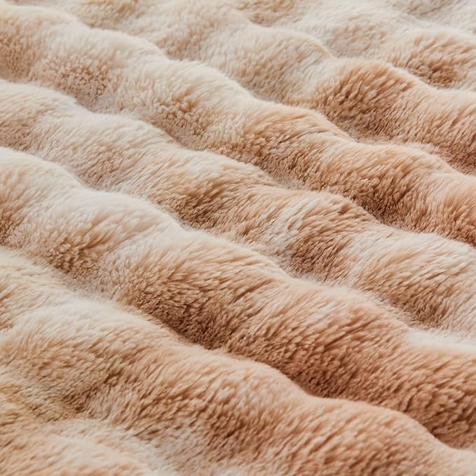 RYNGHIPY Faux Rabbit Fur Bed Throws Fluffy Warm Throw Blanket for Sofa Couch Soft Plush Decorative Blanket Thick and Heavy Cute Bubble Furry Blanket (Light Tan, 63''x79'')