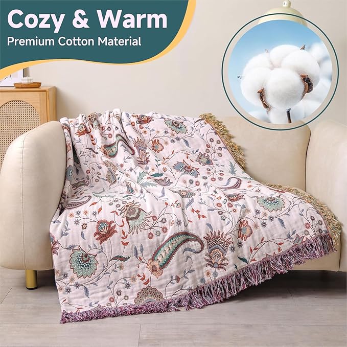 Boho Throw Blanket for Bed,100% Ultra Cotton Soft Breathable Bed Throw Floral Printed Farmhouse Decor Rustic Bed Throws for Couch Sofa Quilt White Flowers 60" x 80"