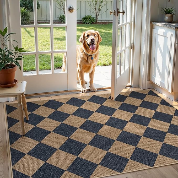 Lahome Checkered Easy Jute Entryway Rug, 3x5 Washable Area Rugs for Living Room Outdoor Patio, Non Slip Blue Indoor Door Mat Checkerboard Throw Carpet for Entry Front Door Guestroom Deck