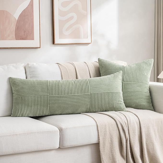 Fancy Homi Set of 2 Sage Green Boho Long Lumbar Body Decorative Throw Pillow Cover 14x36 Inch for Bed Couch Bedroom Bench, Soft Patchwork Corduroy Textured Pillow Case, Rustic Farmhouse Room Décor