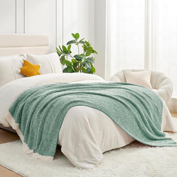 Snuggle Sac Green Blanket Twin Size Bedding Blankets, Super Soft Warm Cozy Knit Blankets for Sofa, Bed, Living Room, Heather Green, 60x80 inches,