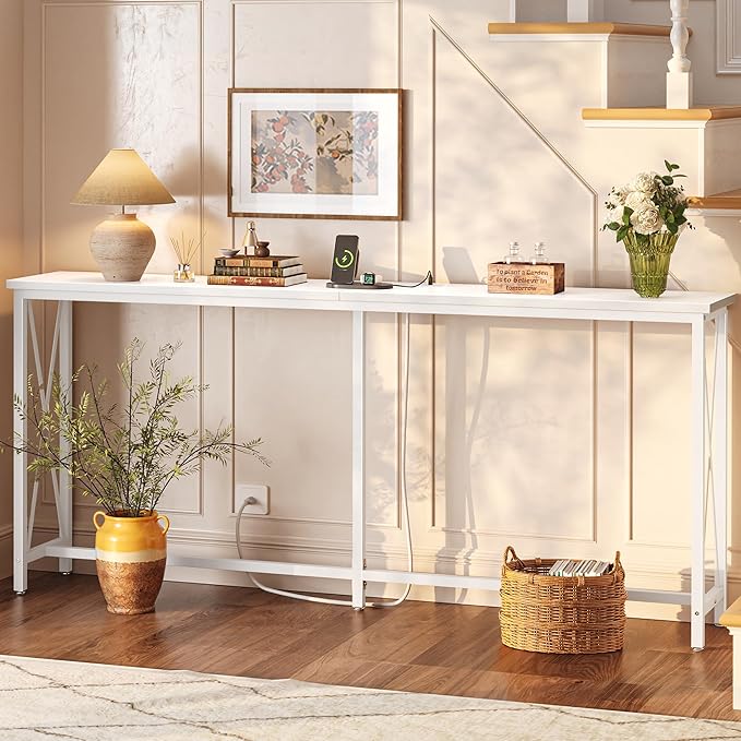 SUPERJARE 70 Inch Console Table with Outlets and USB-C Port, Extra Long Behind Couch Sofa Table with X-Shaped Design, Narrow for Entryway, Living Room, Metal Frame, Wooden Top, White