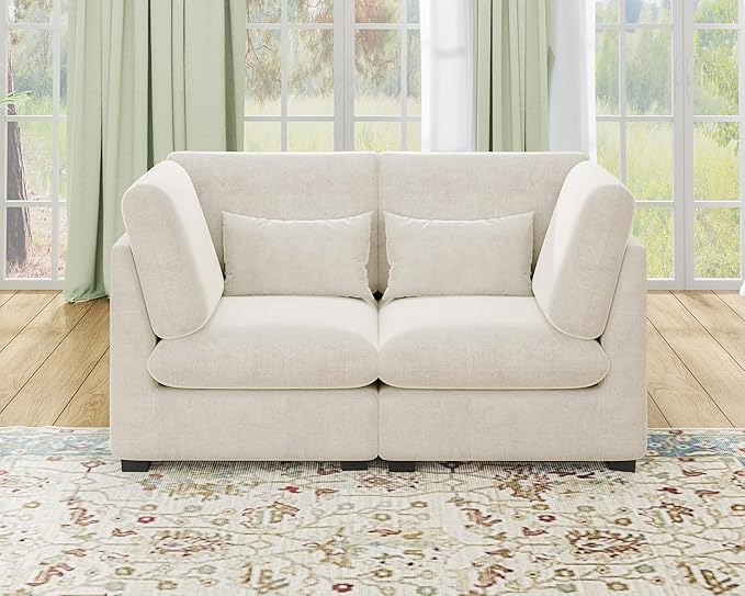 Oversized Modular Sofa, Extra Deep Cloud Chenille Sectional Couch with Ottoman Chaise, Fluffy Chenille 2 Seater Sofa Bed for Living Room, Villa (Loveseat Sofa, Chenille White)