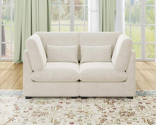 Oversized Modular Sofa, Extra Deep Cloud Chenille Sectional Couch with Ottoman Chaise, Fluffy Chenille 2 Seater Sofa Bed for Living Room, Villa (Loveseat Sofa, Chenille White)