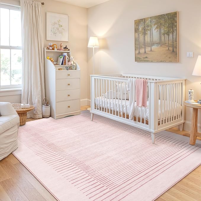 Wonnitar Washable Striped Living Room Area Rug 5x7, Non-Slip Berber Stripe Pink Area Rugs for Bedroom Girls, Low Pile Soft Large Throw Carpet for Kids Nursery Room (Pink,5' x 7')