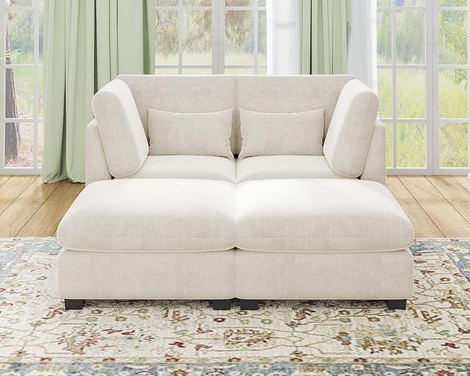 Oversized Modular Sofa, Extra Deep Cloud Chenille Sectional Couch with Ottoman Chaise, Fluffy Chenille 2 Seater Sofa Bed for Living Room, Villa (Sofa Bed 4 Seater, Chenille White)