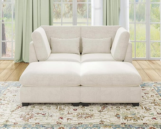 Oversized Modular Sofa, Extra Deep Cloud Chenille Sectional Couch with Ottoman Chaise, Fluffy Chenille 2 Seater Sofa Bed for Living Room, Villa (Sofa Bed 4 Seater, Chenille White)