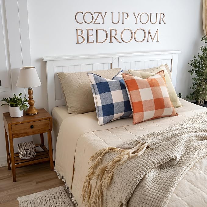 decorUhome Buffalo Plaid Check Throw Pillow Covers 20x20 Set of 2, Outdoor Decorative Farmhouse Neutral Pillow Covers with Stitched Edge for Bed Couch Sofa, Navy Blue and White