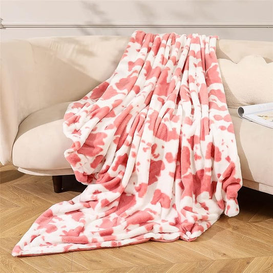 RYNGHIPY Cow Print Throw Blanket: Soft Animal Cow Bed Throws Cute Farm Flannel Fleece Throw Blankets Thick Warm Plush Blankets for Sofa Couch Cow Decor Throws (Pink, 63''x79'')