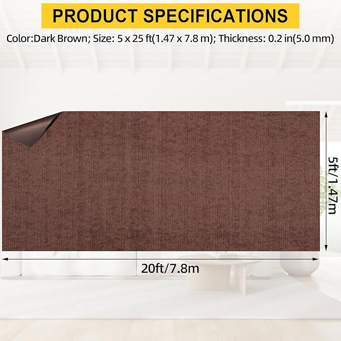 Marine Carpet,5 FT x 25 FT Brown Indoor Outdoor Carpet 0.2" Thick Boat Carpet with Water-Proof TPE Backing, Non-Slide Outdoor Marine Carpet Roll for Home, Patio, Porch, Deck