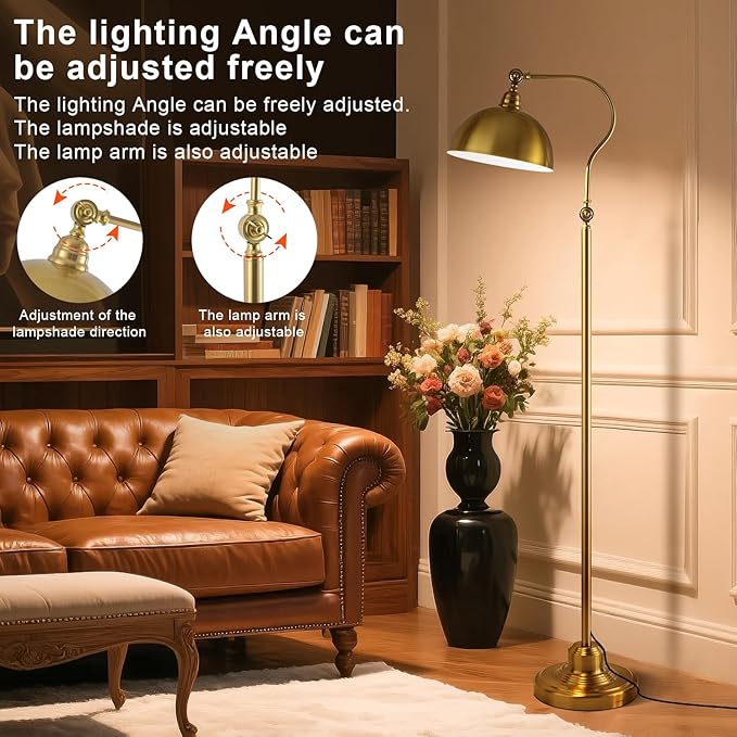 Bright LED Gold Reading Floor Lamp with Remote Control and Bluetooth Dimming,Living Room Bedroom Bedside Office Study Library Adjustable Standing Tall Lights, Unique Modern Brass Home Decor Essentials