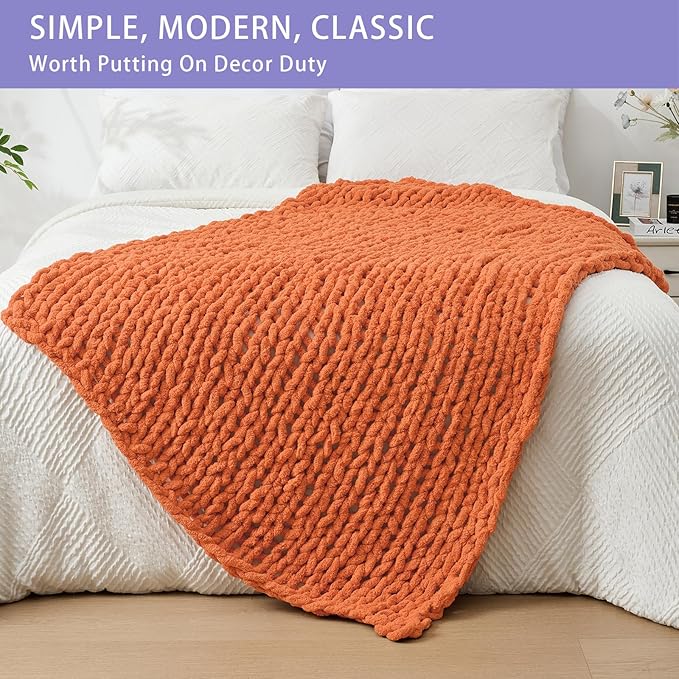 Bigacogo Chunky Knit Throw Blanket for Couch, 40x60 inches, 100% Hand Knitted with Thick Jumbo Chenille Yarn, Cozy Soft Large Rope Knot Cable Crochet Blankets for Sofa Bed Living Room, Terracotta