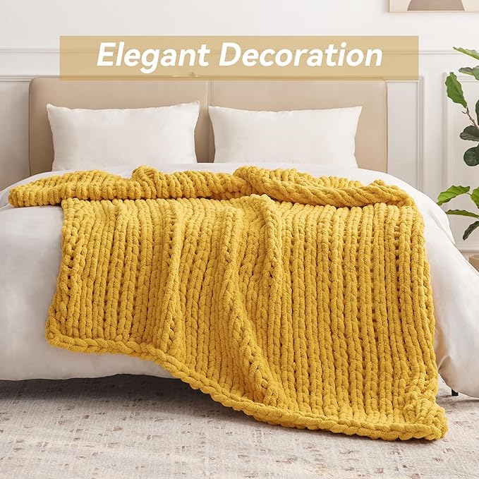 Chunky Knit Throw Blanket, 40''*50'' Knitted Throw Chenille Yarn for Bed Couch, Handmade Yellow Crochet Big Thick Blanket, Machine Washable Cute Comfy Blanket for Home Decor