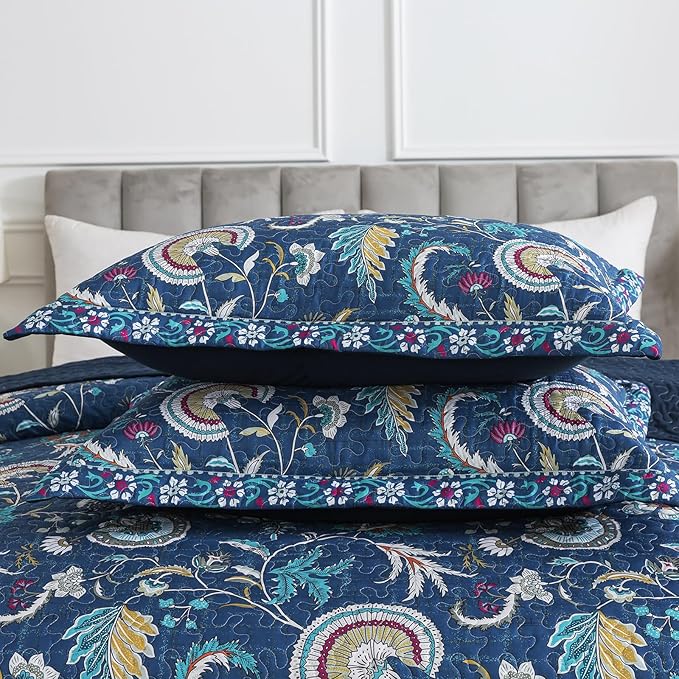 NEWLAKE Quilt Set Queen Size, Bedspread Sets Blue Botanical Floral Patterns, Reversible Quilt Bedding Set Lightweight and Breathable for All Seasons, Soft Quilted Bedspread with 2 Pillow Shams