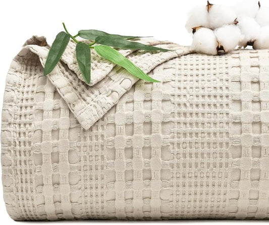 PHF Cooling Waffle Blanket California King Size, Lightweight 60% Rayon Derived from Bamboo & 40% Cotton Breathable Blanket for Hot Sleepers, Soft and Luxury for Bed Couch and Sofa, 110"x96", Linen