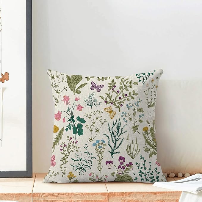 CXMEIFLY Spring Pillow Covers 16 x 16 Inch Set of 2 Vintage Sage Green Teal Wild Flowers Decor Throw Pillows Leaves Plant Outdoor Farmhouse Decorative Cushion Cases for Couch Bed Sofa Decoration