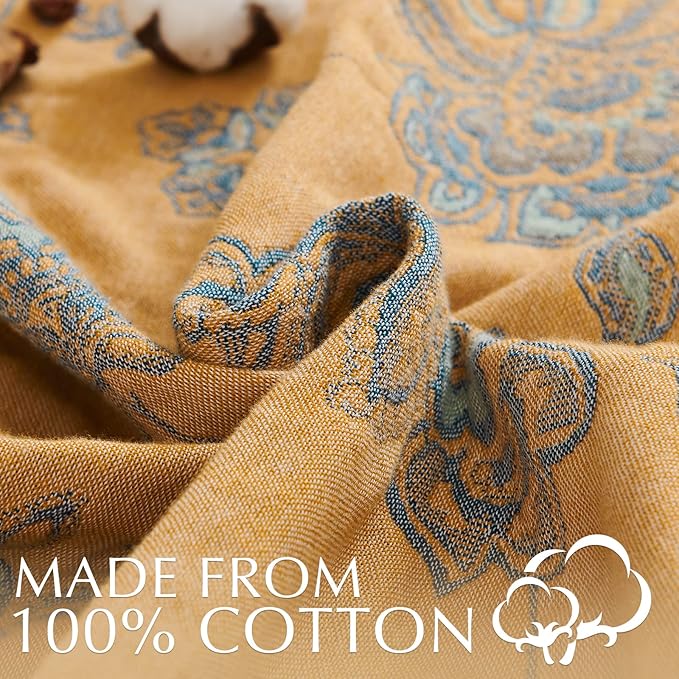 jinchan Boho 100% Cotton Muslin Queen Size 80x90 Inches Blanket Lightweight 4-Layer Quilted Soft Yellow and Blue Floral Throw Blanket Reversible Comfy Flower Rustic All Seasons Couch Bedroom Decor