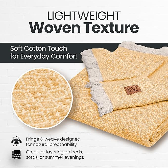 Gold Case Throw Blanket for Couch – 100% Recycled Turkish Cotton Blankets & Throws – Elegant Decorative Throw Blankets for Living Room Sofa – Woven Throws for Couch – Retro Mustard – 50x60