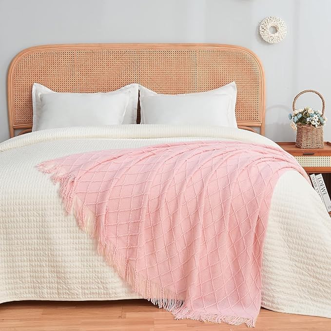 inhand Knitted Gift Throw Blankets for Couch and Bed,Valentines Day Decor Blanket for Her Him Girlfriend Wife, Pink Romatic Lightweight Decorative with Tassel, Farmhouse Warm Woven for Women, 60"x80"