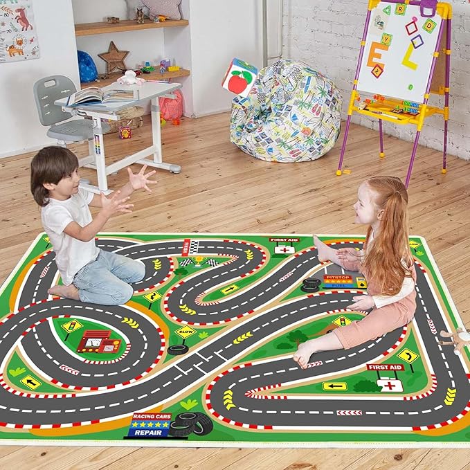 Kids Rug Play Mat Playroom Rugs Car Rugs for Kids Toy Cars Race Track for Classroom Rug(Race-Green, 6.6x9.9ft)