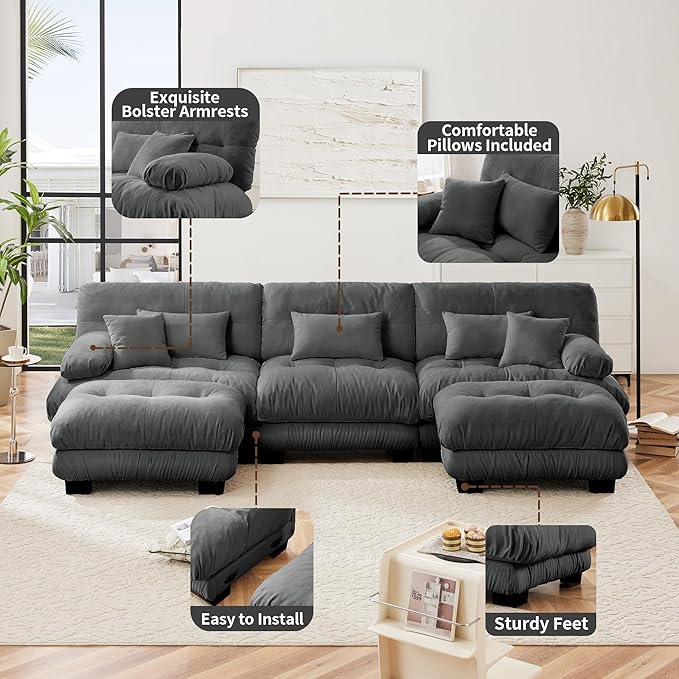 U Shaped Couch Sectional Couch, 3-Seater Cloud Couch Sectional Oversized Couch, Sofa Bed Couch with Round Bolster Armrests 5 Pillows, Modular Couch Home Sofa Living Room Couch(Gray)