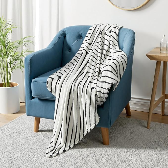 Lahome Boho Fleece Throw Blanket Black White Striped Fluffy Bed Throws Soft Cozy Warm Fuzzy Throw Blanket Reversible Blankets for Couch Sofa, Off White 50''x60''