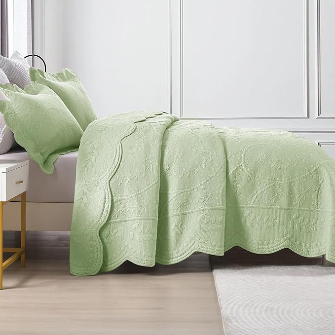 MarCielo 3-Piece 100% Cotton Oversized Bedspread Lightweight Quilt Coverlet Embroidery Farmhouse Bedding Set (TX Pale Green, Oversized King (118"x106"))