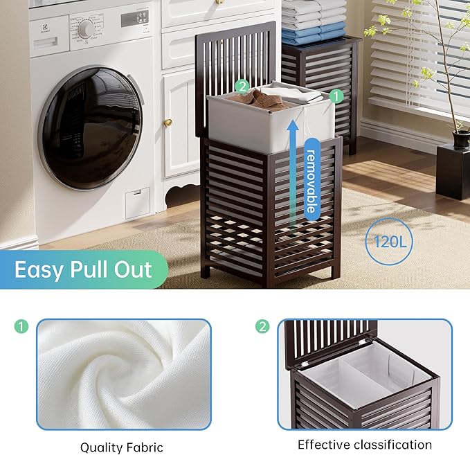 SMIBUY Double Laundry Hamper with Lid, 120L Bamboo Laundry Basket with Removable Liner Bag, 2-Section Clothes Divider Laundry Sorter for Laundry Room, Bathroom, Bedroom (Dark Brown)