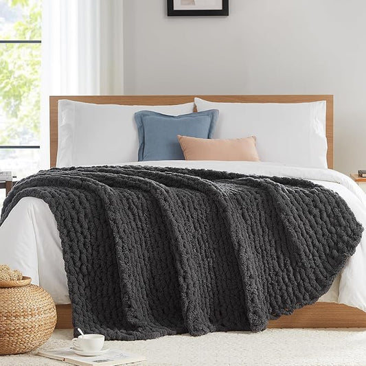 L'AGRATY Chunky Knit Blanket Throw - Soft Chunky Throw Blanket 30x40: 100% Hand Kintted Chenile Crochet Throw Blanket for Couch - Large Cable Knit Chunky Blanket for Home Decor(Dark Grey)