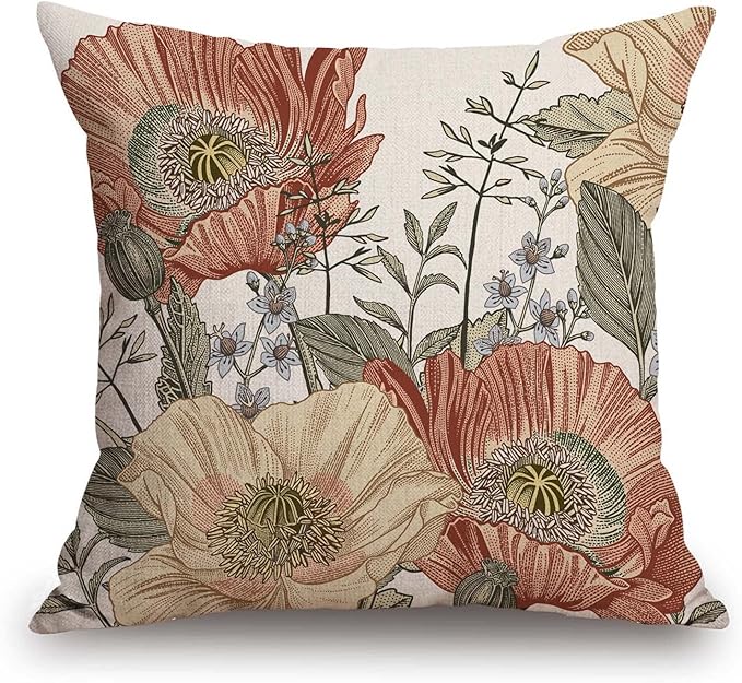 TSSOHU Vintage Flowers Pillow Cover Rustic Cotton Linen Decorative Square Throw Pillow Cover 18x18 Inch for Sofa Couch Decoration