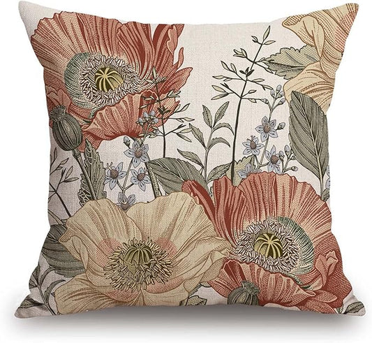 TSSOHU Vintage Flowers Pillow Cover Rustic Cotton Linen Decorative Square Throw Pillow Cover 18x18 Inch for Sofa Couch Decoration