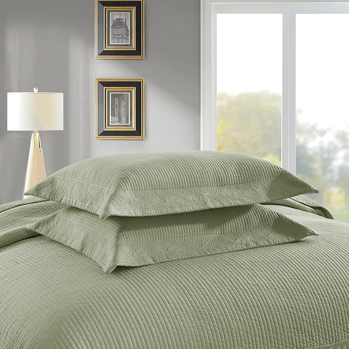 MarCielo 3-Piece 100% Cotton Oversized Bedspread Lightweight Quilt Coverlet Embroidery Farmhouse Bedding Set (TG Pale Green, Oversized Queen (100"x106"))