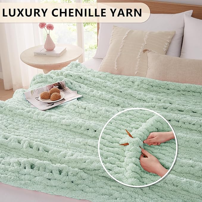 L'AGRATY Chunky Knit Blanket Throw: 60''x80'' Chenille Chunky Knitted Throw Blanket for Bed Couch - Handmade Thick Big Cable Knit Blanket - Large Crochet Rope Blanket for Home Decor(Milky Green)