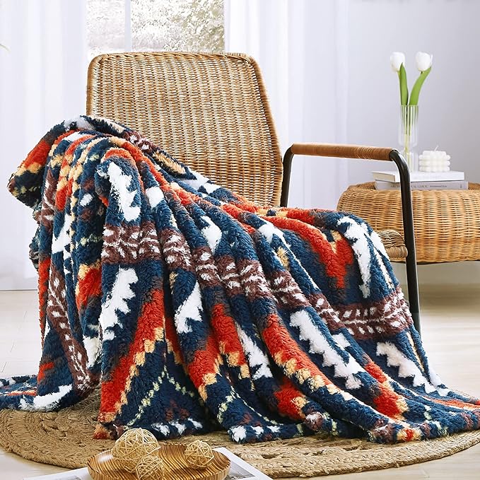 CASAAGUSTO Boho Sherpa Blanket, Aztec Twin Blanket, Ultra Soft, Warm, Cozy, Plush, Thick Fleece Western Blanket for Couch, Bed, Sofa (Navy Blue 60 * 80 Inch)