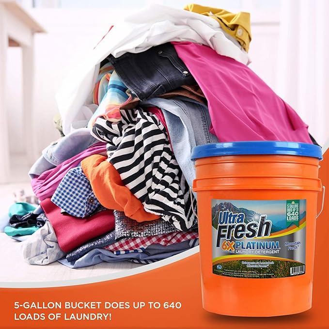 Ultra Fresh 5 Gallon Liquid Laundry Detergent Washing Soap for All Machine Types, 6X Platinum, Up to 640 Loads, Mountain Fresh