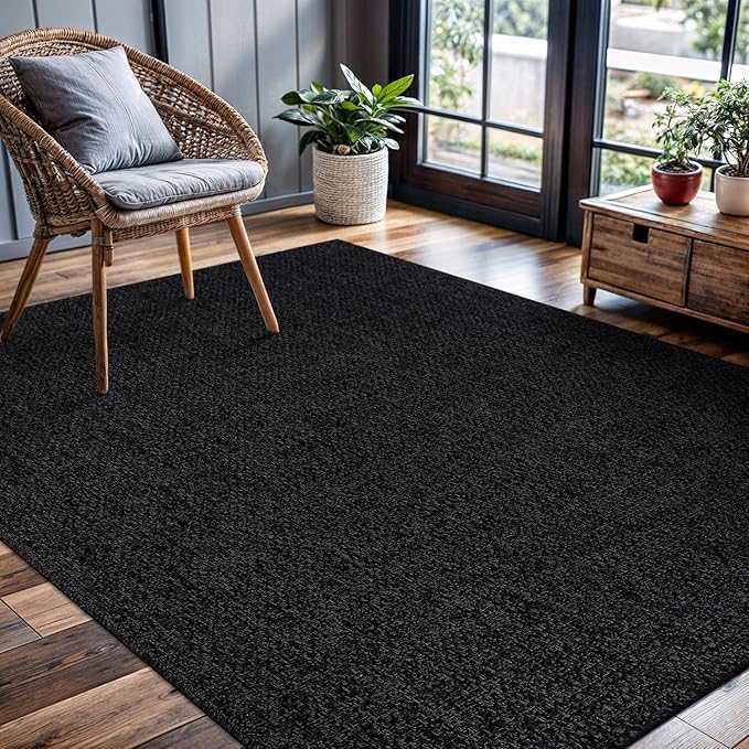 CAMILSON Easy Jute Rug 4x6, Indoor Outdoor Dark Gray Black Farmhouse Area Rugs for Living Room Patio and Kitchen Rug, Solid Boho Woven Design, Easy-Cleaning, Washable Outside Carpet Alfombras (4 x 6)